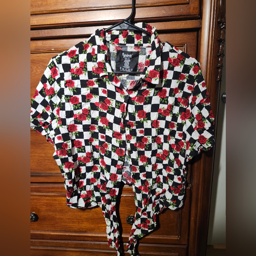 Checkered Rose Print Button-Up Shirt